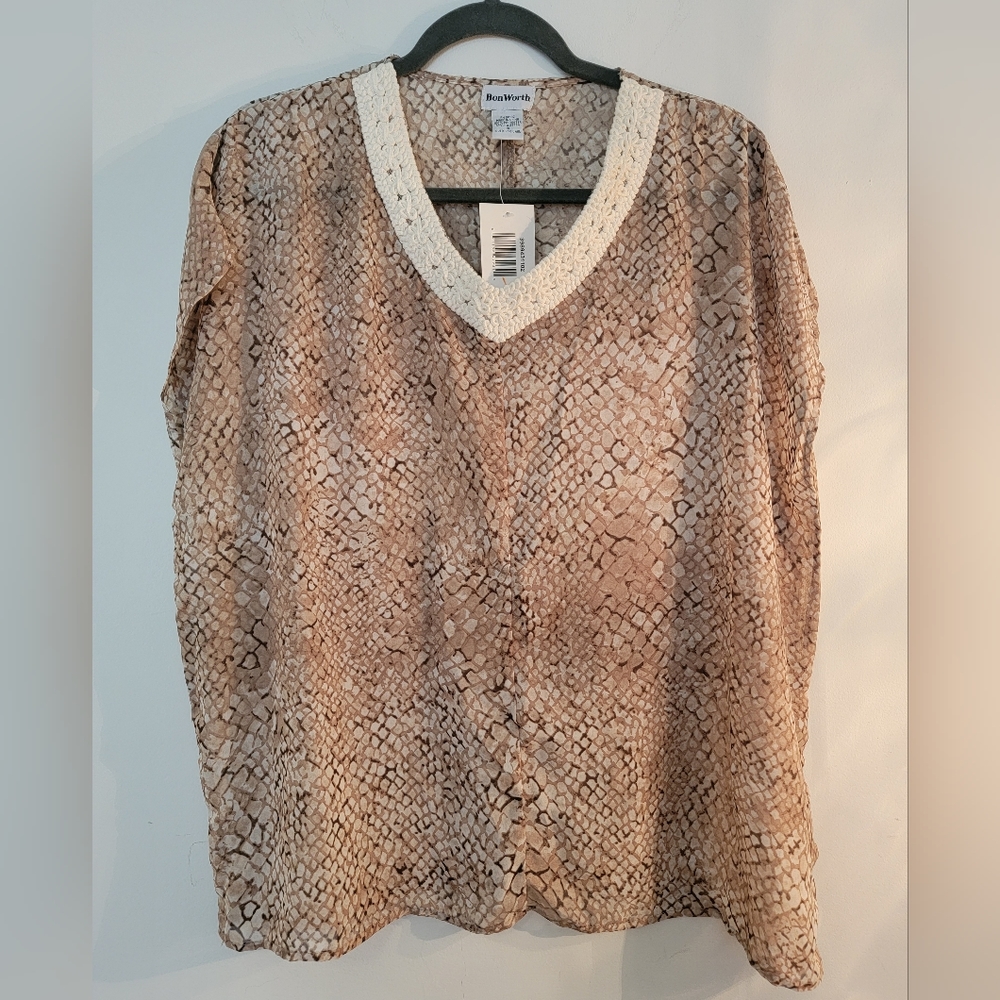 BonWorth Brown Animal Print Sheer Top, Size Small